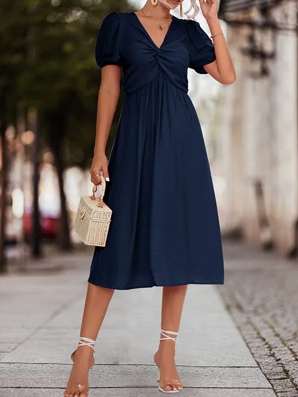 A-Line High Waisted Elasticity Knot Pleated Solid Color Split-Joint V-Neck Midi Dresses