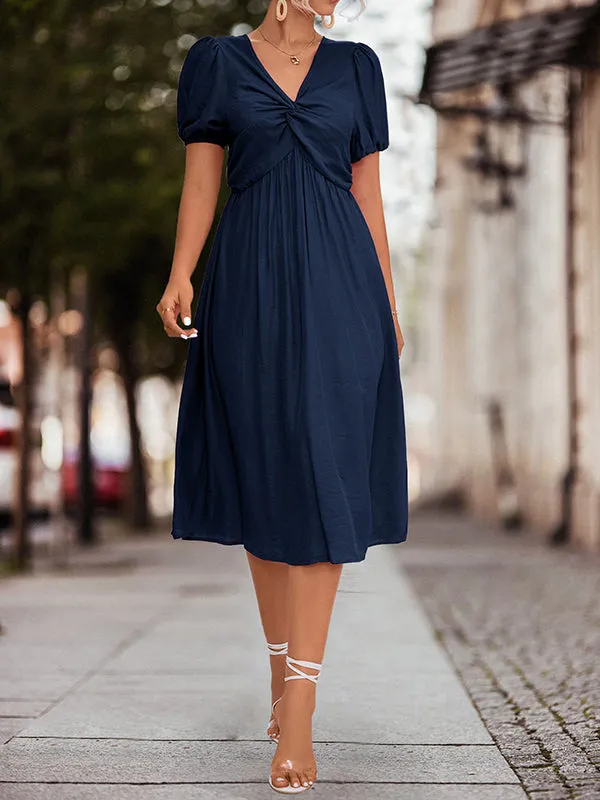 A-Line High Waisted Elasticity Knot Pleated Solid Color Split-Joint V-Neck Midi Dresses