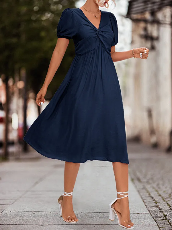 A-Line High Waisted Elasticity Knot Pleated Solid Color Split-Joint V-Neck Midi Dresses