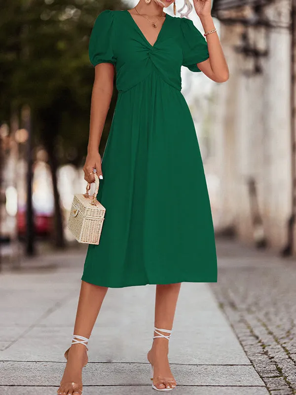 A-Line High Waisted Elasticity Knot Pleated Solid Color Split-Joint V-Neck Midi Dresses