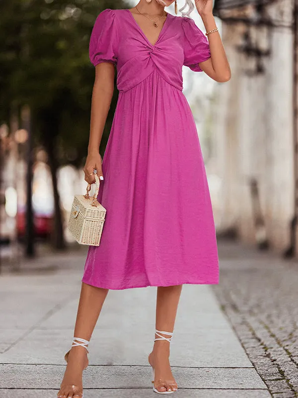 A-Line High Waisted Elasticity Knot Pleated Solid Color Split-Joint V-Neck Midi Dresses