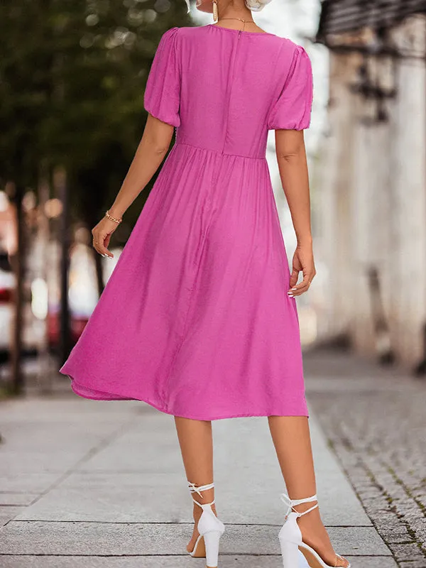 A-Line High Waisted Elasticity Knot Pleated Solid Color Split-Joint V-Neck Midi Dresses