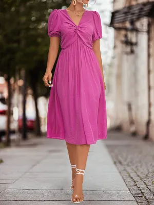 A-Line High Waisted Elasticity Knot Pleated Solid Color Split-Joint V-Neck Midi Dresses