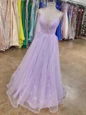 A Line V Neck Purple Lace Long Prom, Lilac Lace Long Formal Evening