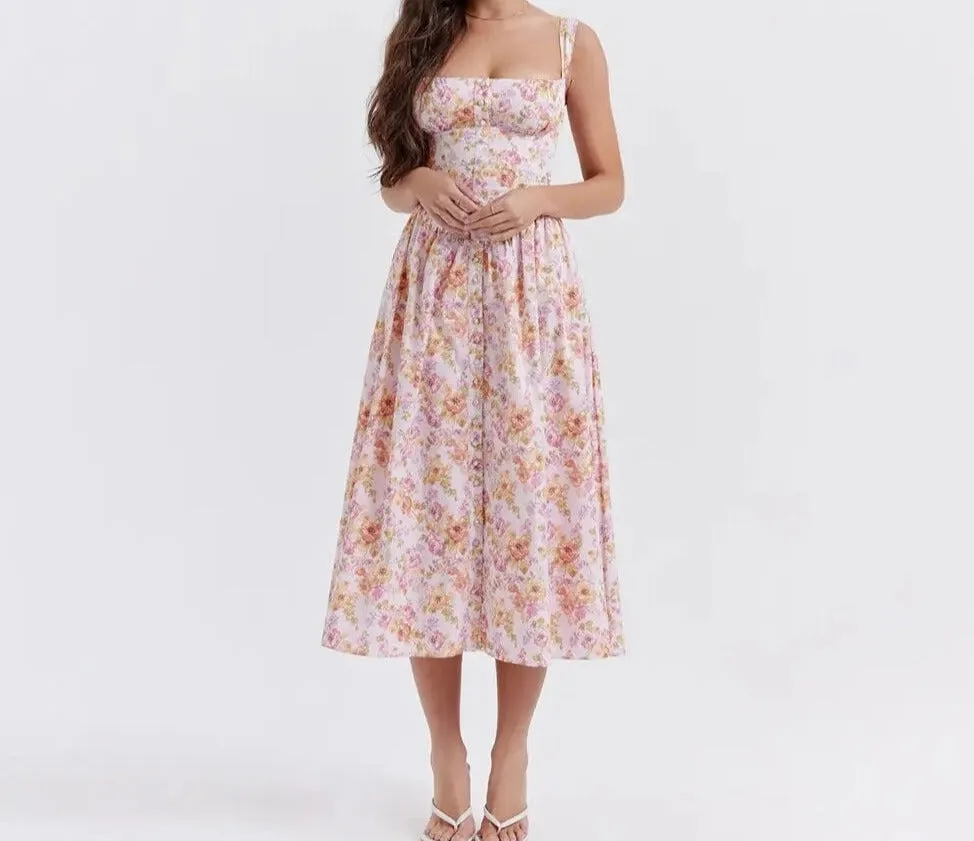 A&A Floral Print Lace Up Midi Dress