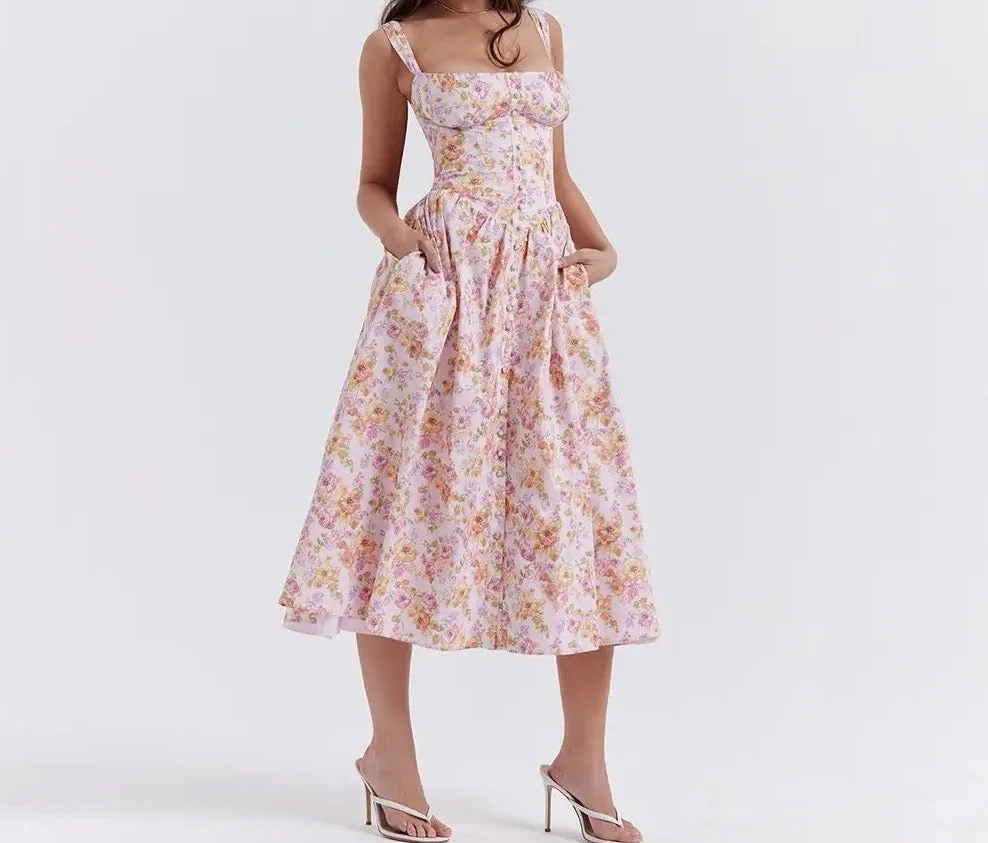 A&A Floral Print Lace Up Midi Dress