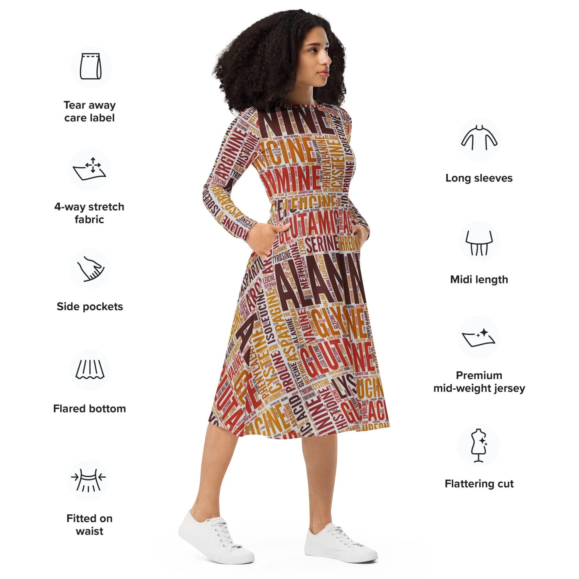 Elegant Long Sleeve Midi Dress with Amino Acid Infusion