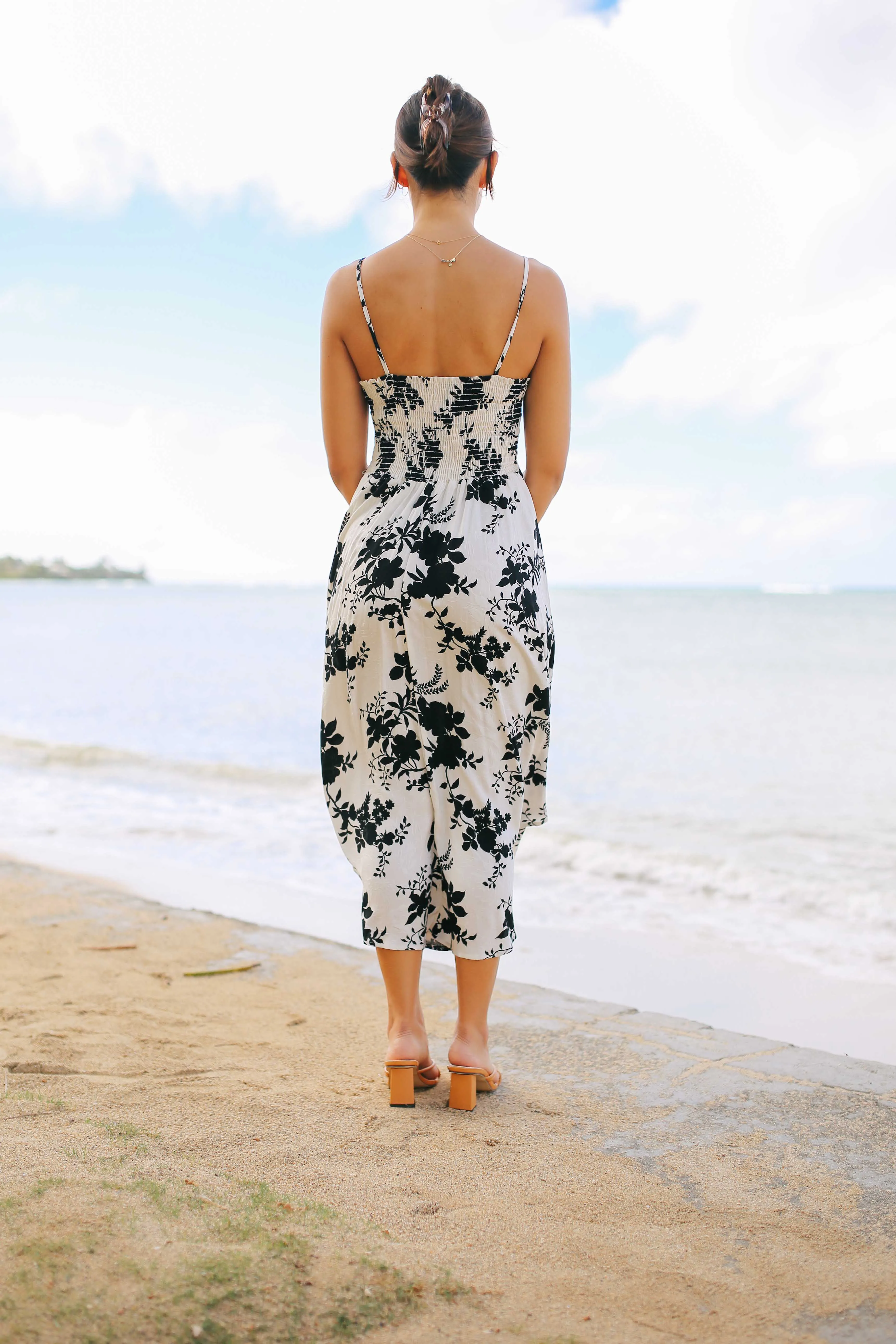 B&W Floral Ruche Midi Dress (RESTOCKED)