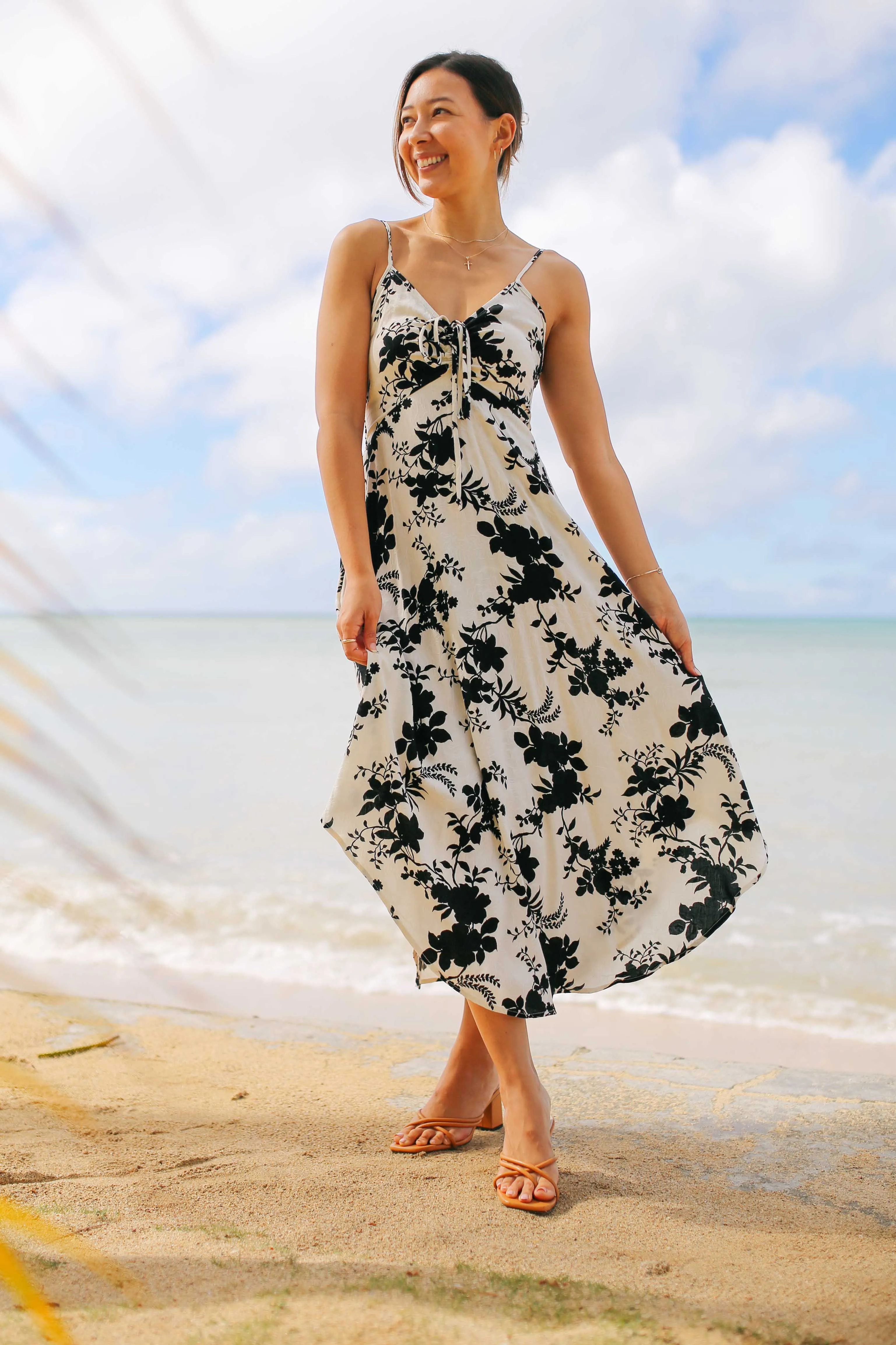 B&W Floral Ruche Midi Dress (RESTOCKED)