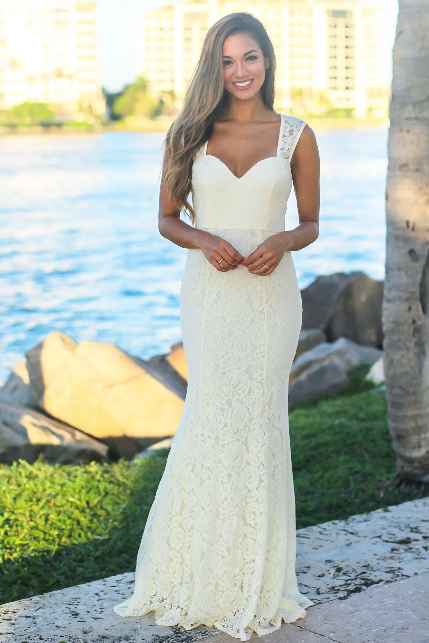 Beige Lace Maxi Dress with Keyhole Back