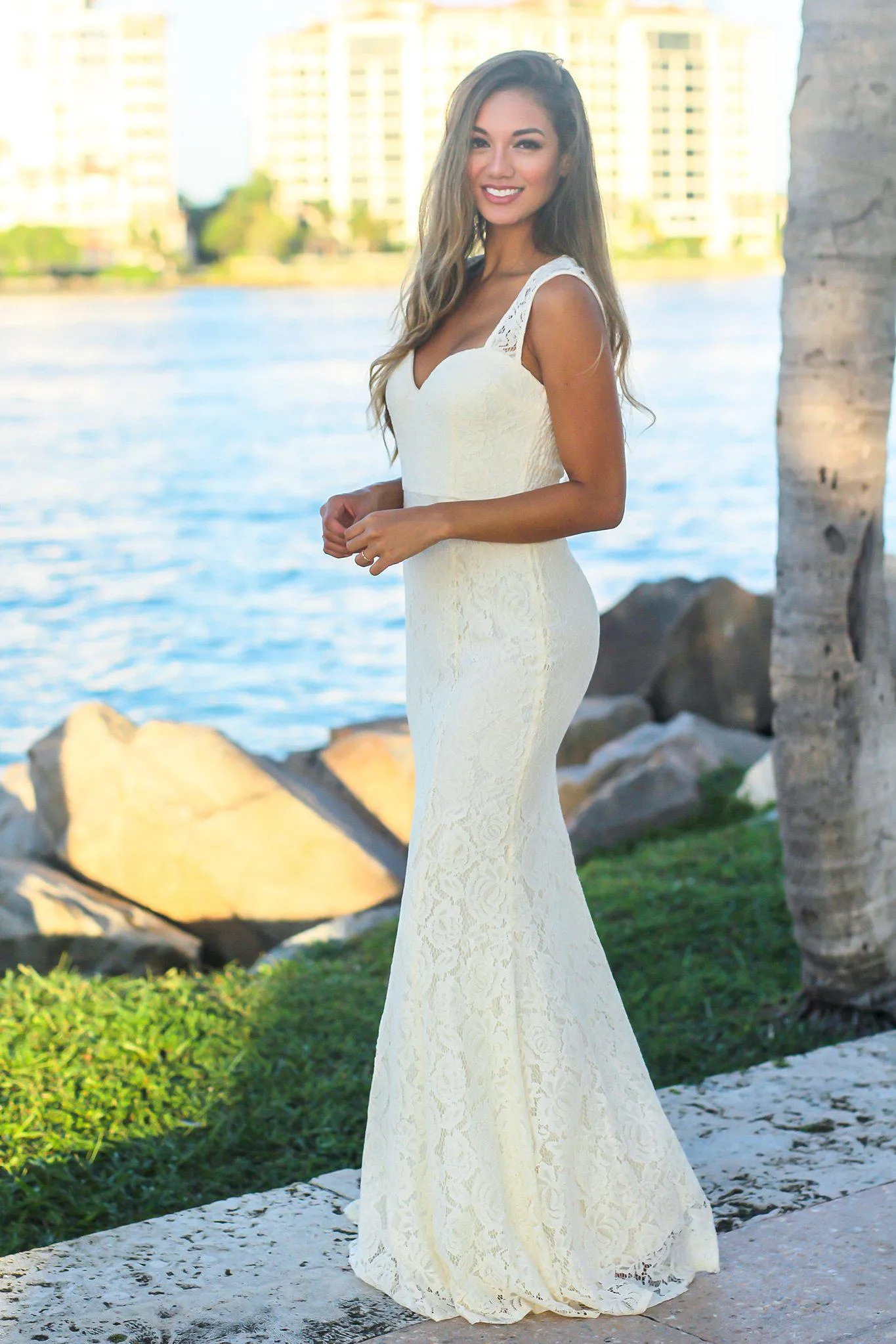 Beige Lace Maxi Dress with Keyhole Back