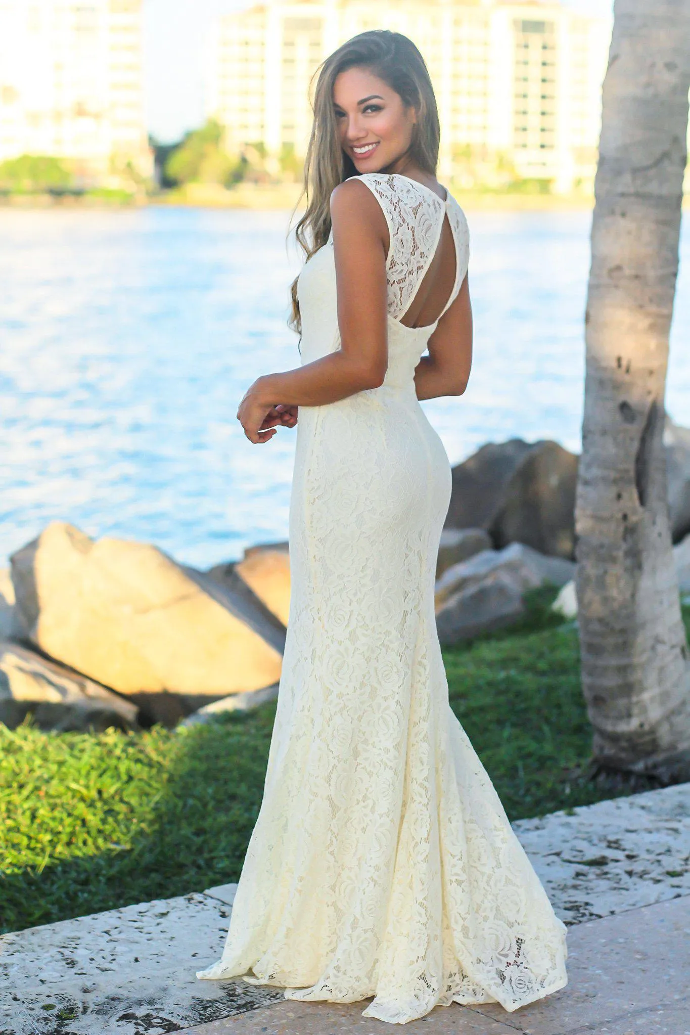 Beige Lace Maxi Dress with Keyhole Back