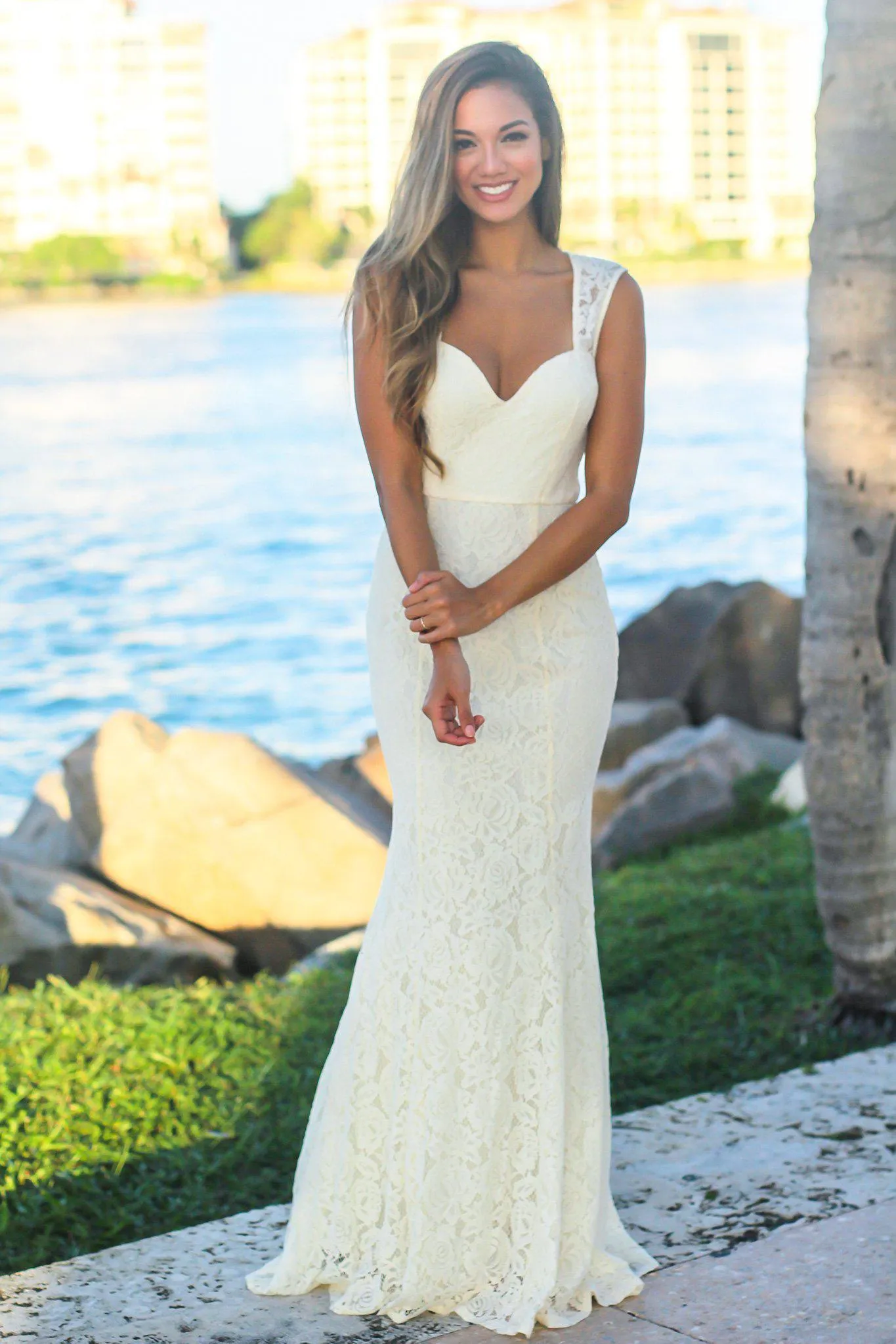 Beige Lace Maxi Dress with Keyhole Back