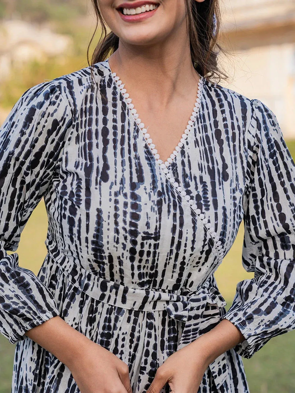 Black & White Cotton Printed Tie Dye Detailing Wrap Dress