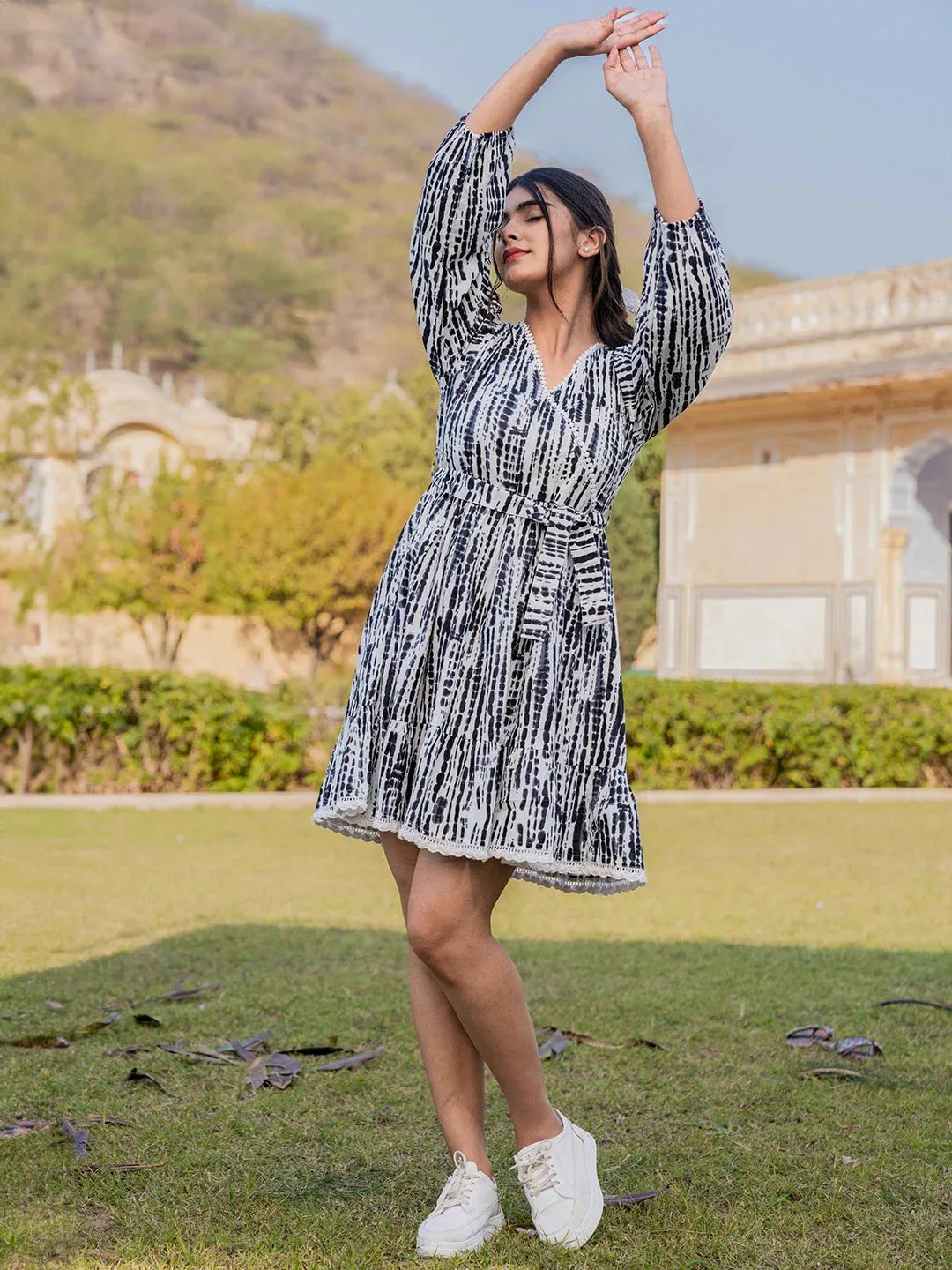 Black & White Cotton Printed Tie Dye Detailing Wrap Dress