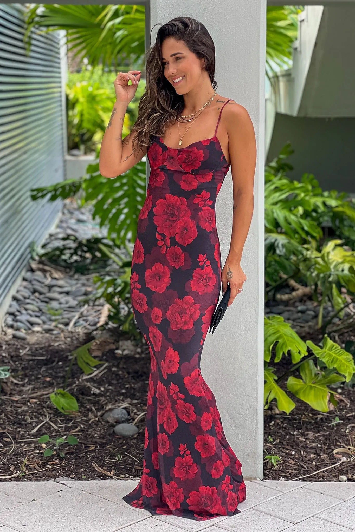 Black And Red Floral Mesh Maxi Dress