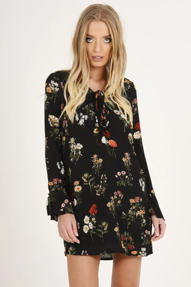 Black Floral Flared Sleeve Dress - Aisha