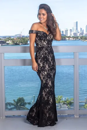 Black Lace Off Shoulder Maxi Dress