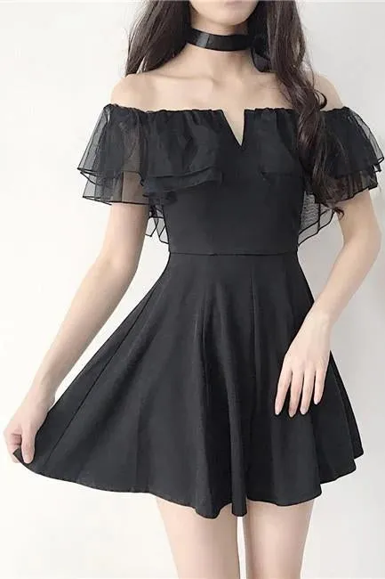 Black Off the Shoulder Short Dance Dresses, A Line Mini Homecoming Dress with Ruffles UQ2000