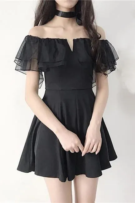 Black Off the Shoulder Short Dance Dresses, A Line Mini Homecoming Dress with Ruffles UQ2000