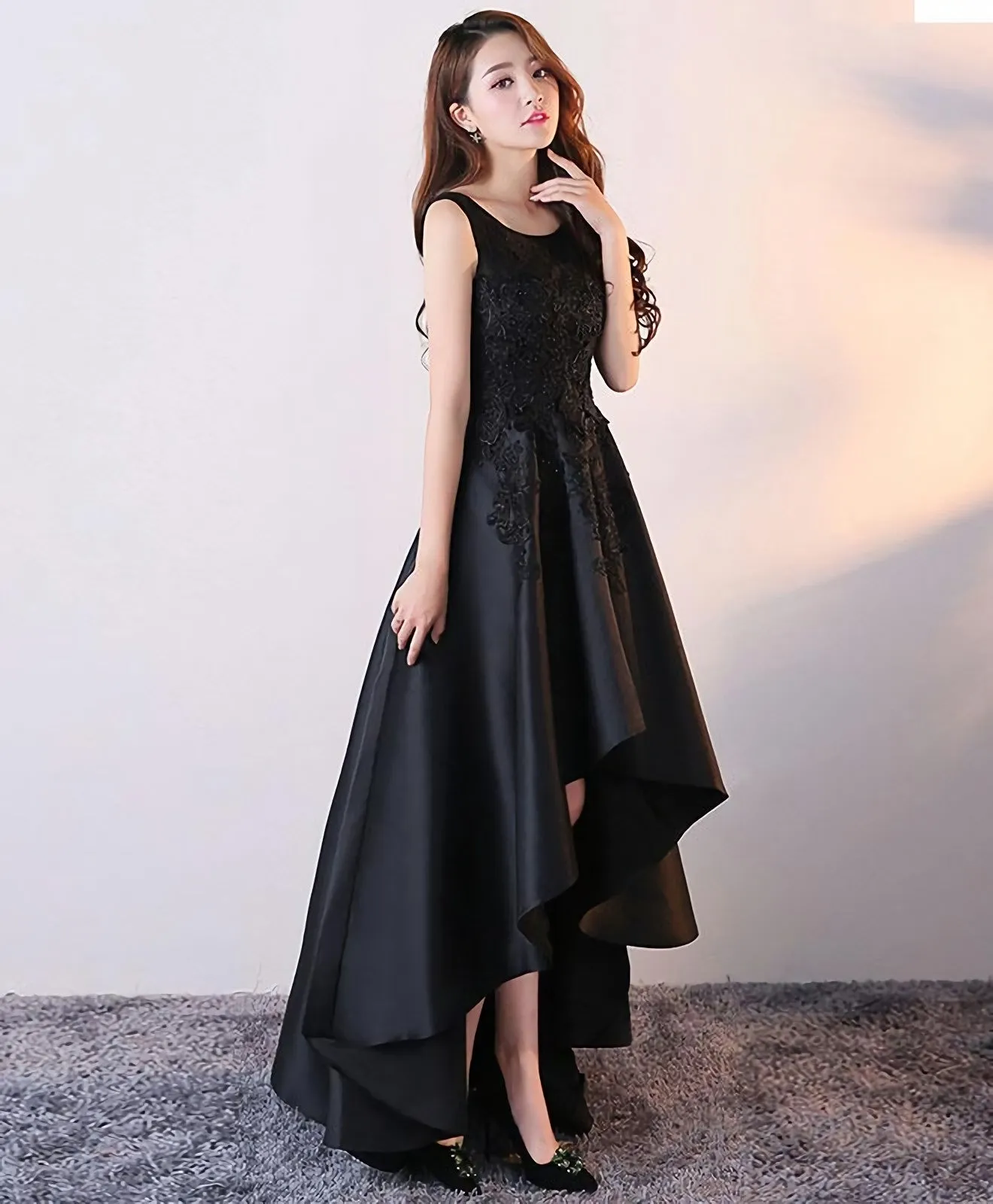 Black Round Neck Satin Lace High Low Prom Dress Black Homecoming Dress