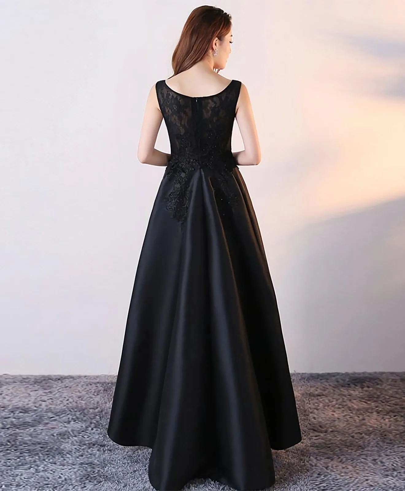 Black Round Neck Satin Lace High Low Prom Dress Black Homecoming Dress