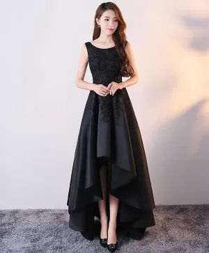 Black Round Neck Satin Lace High Low Prom Dress Black Homecoming Dress