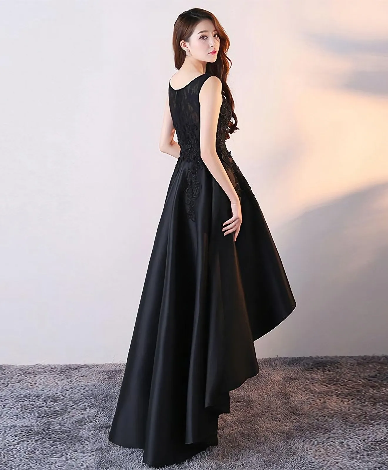 Black Round Neck Satin Lace High Low Prom Dress Black Homecoming Dress