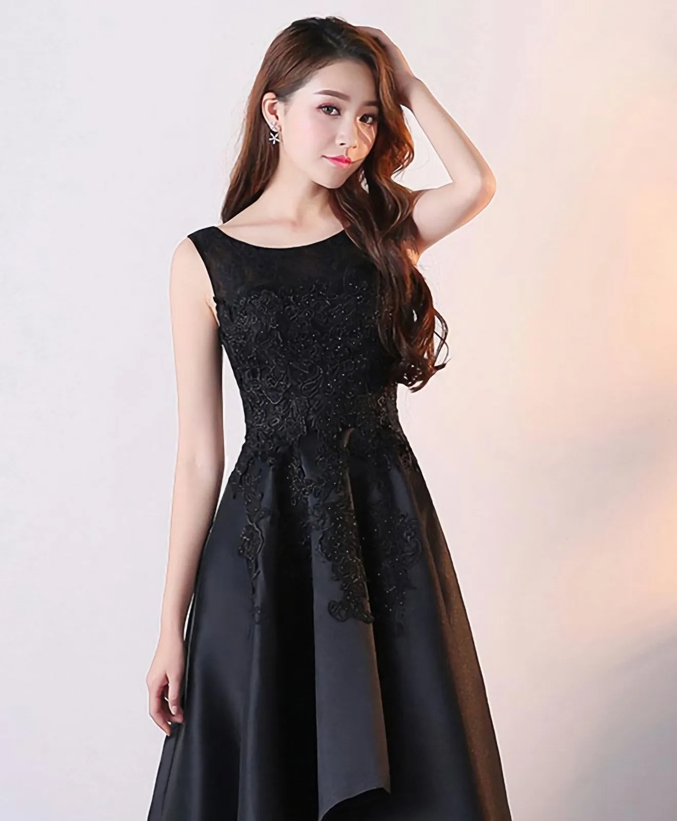 Black Round Neck Satin Lace High Low Prom Dress Black Homecoming Dress