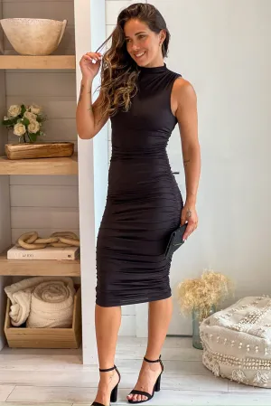 Black Sleeveless Ruched Midi Dress