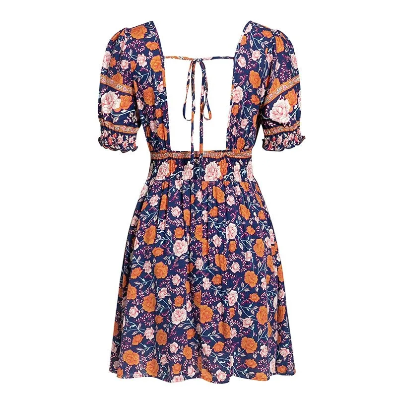 Blackless Floral Print Summer High Waist Puff Sleeve Ruffled Boho Ruched A-line Mini Dress