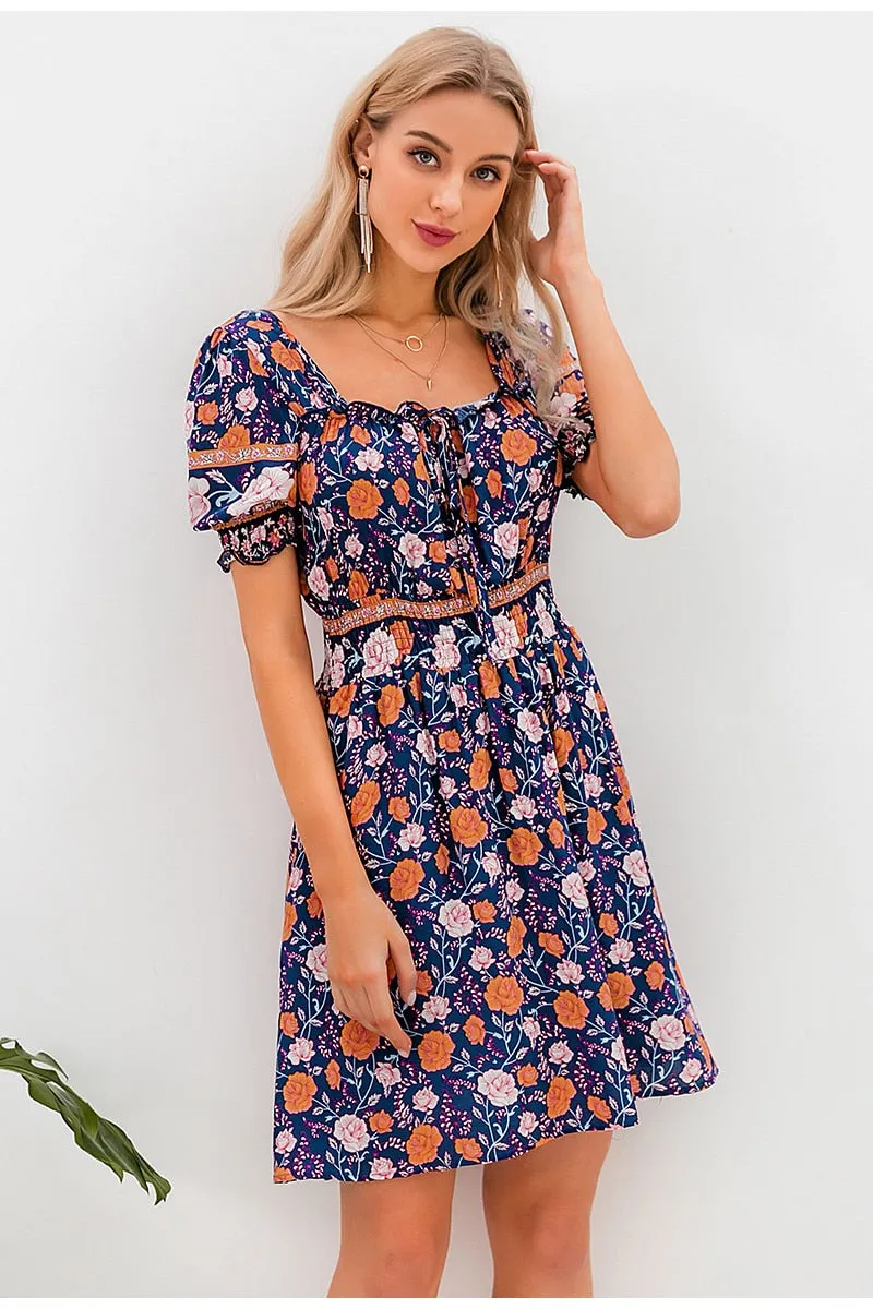 Blackless Floral Print Summer High Waist Puff Sleeve Ruffled Boho Ruched A-line Mini Dress