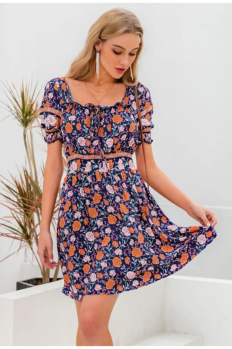 Blackless Floral Print Summer High Waist Puff Sleeve Ruffled Boho Ruched A-line Mini Dress