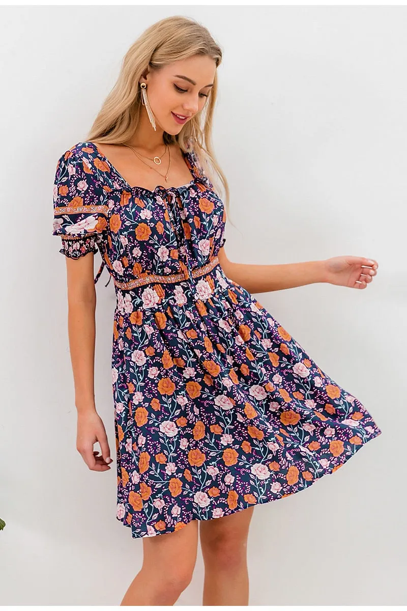 Blackless Floral Print Summer High Waist Puff Sleeve Ruffled Boho Ruched A-line Mini Dress