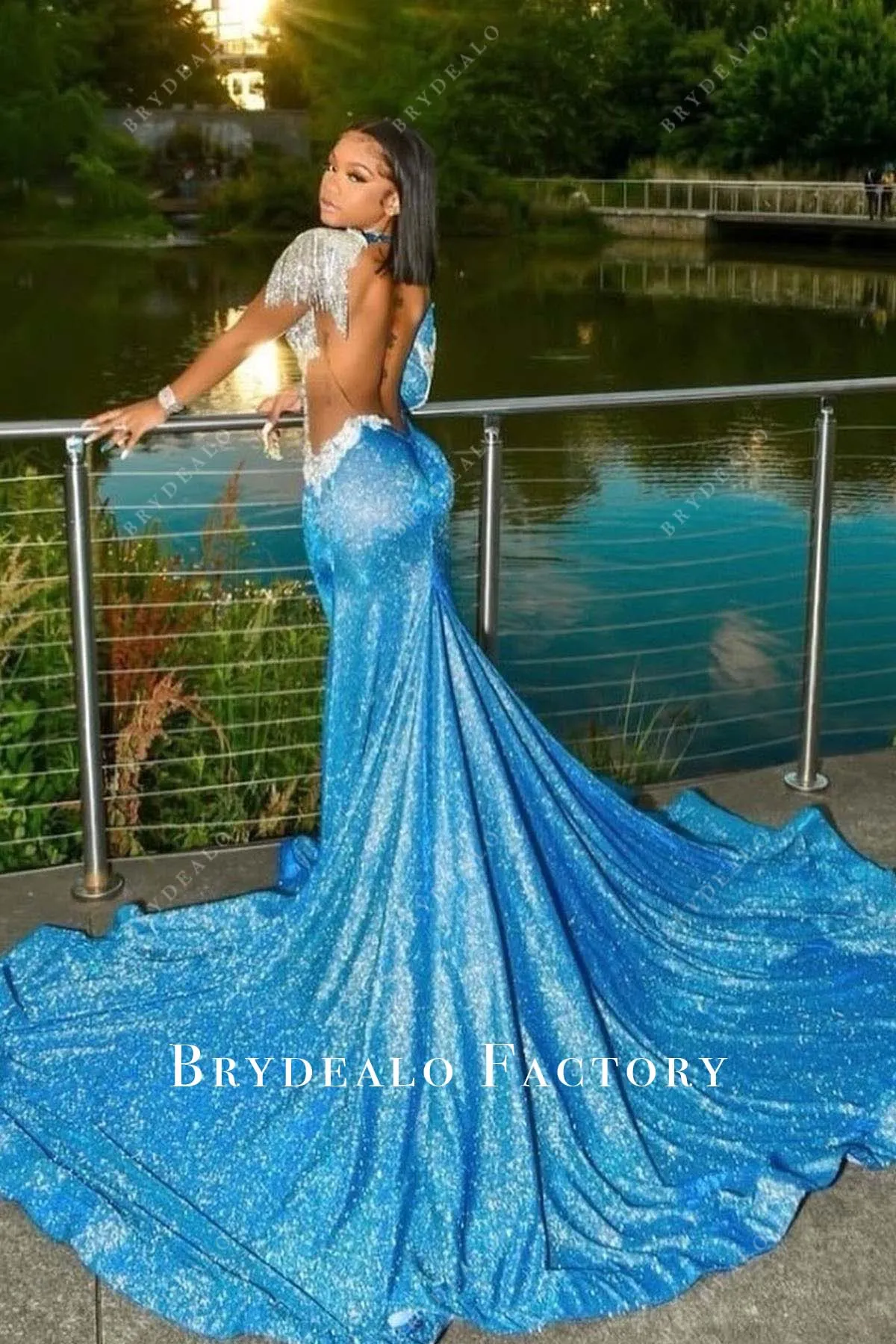 Blue Sequin Silver Fringes Mermaid Long Train Prom Dress