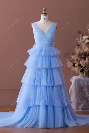 Blue Straps Pleated Tiered Tulle Elegant Formal Dress