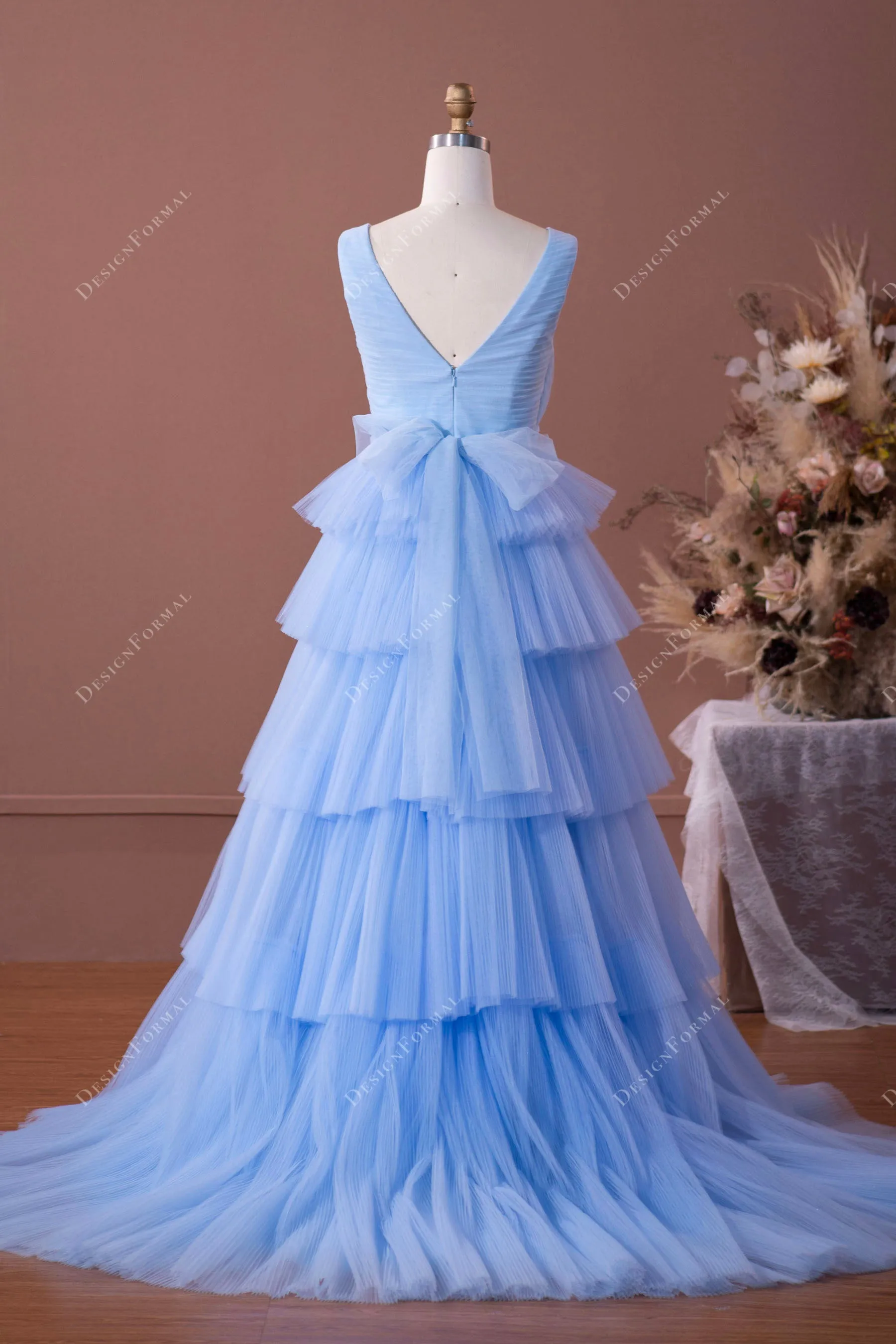 Blue Straps Pleated Tiered Tulle Elegant Formal Dress