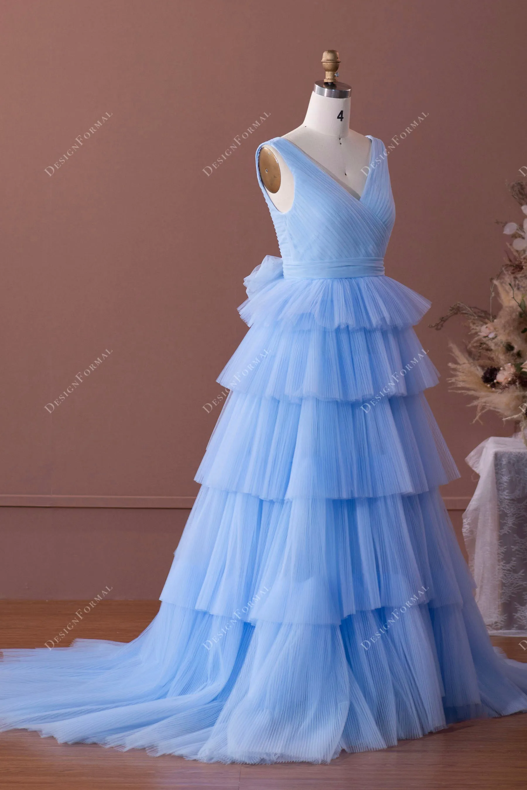 Blue Straps Pleated Tiered Tulle Elegant Formal Dress