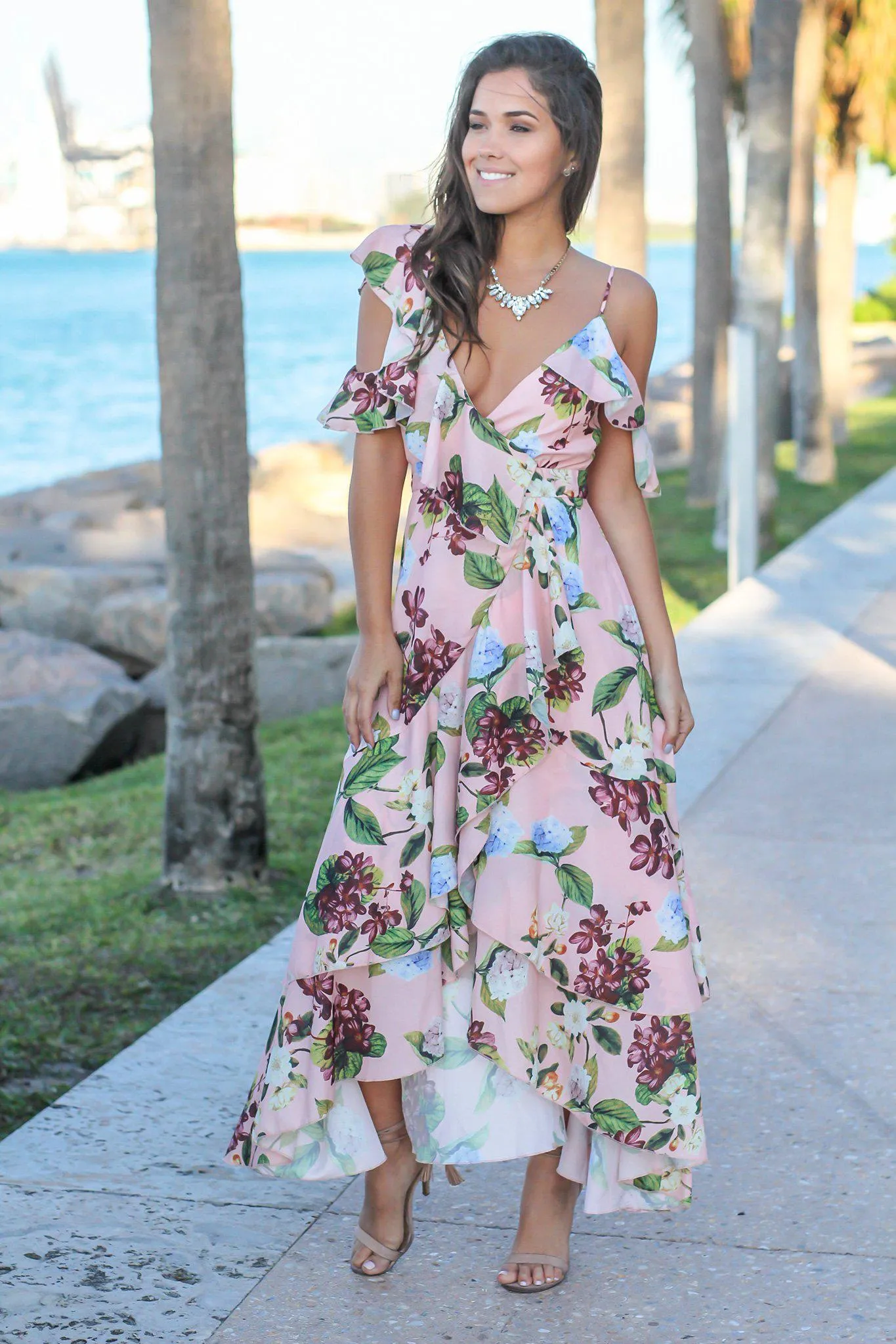 Blush Floral High Low Dress with Ruffles