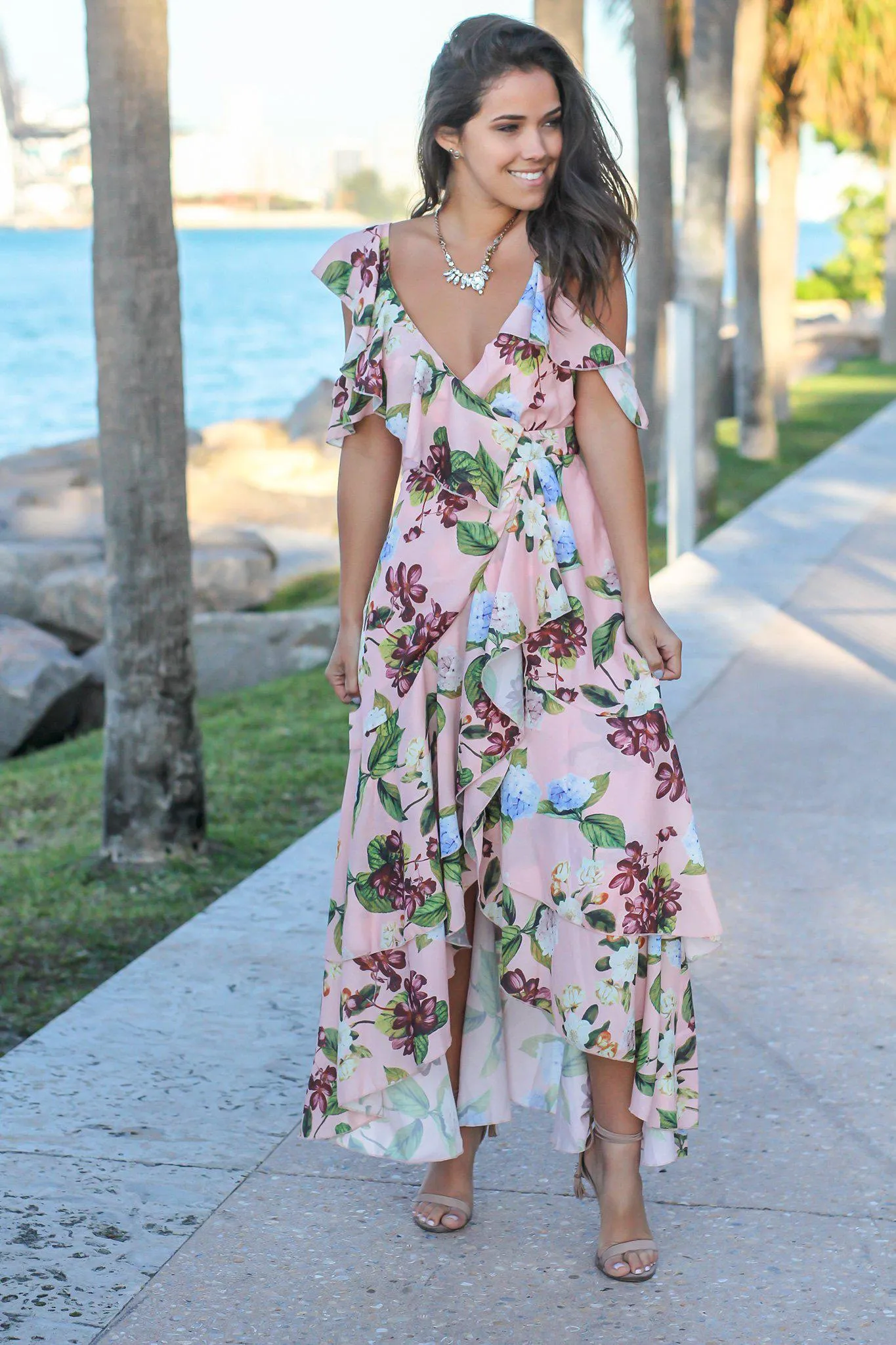 Blush Floral High Low Dress with Ruffles