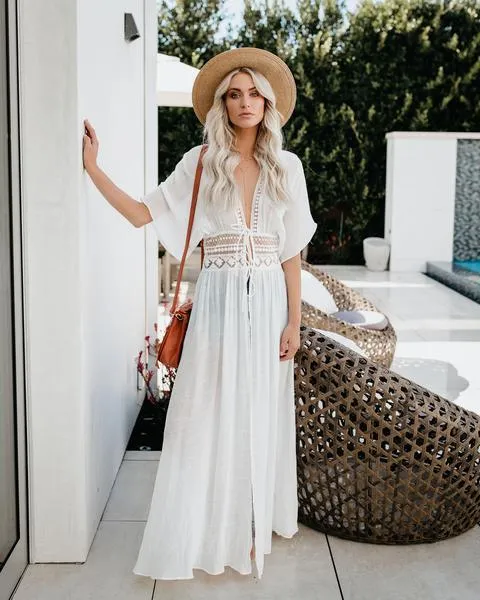 Boho Deep V-neck Waist Backless Holiday Wind Split Dress