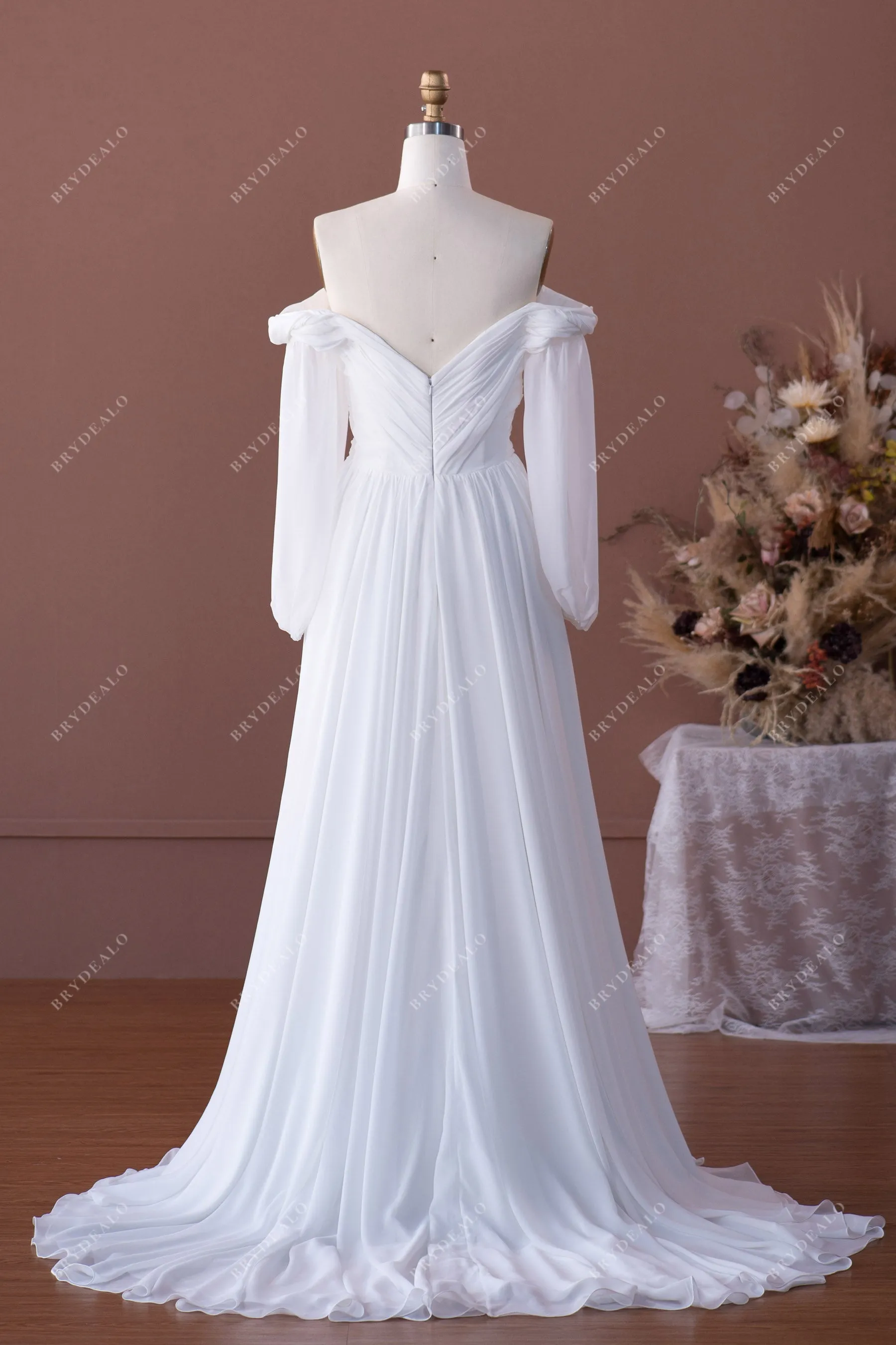 Boho Off Shoulder Sleeved Chiffon Beach A-line Wedding Dress