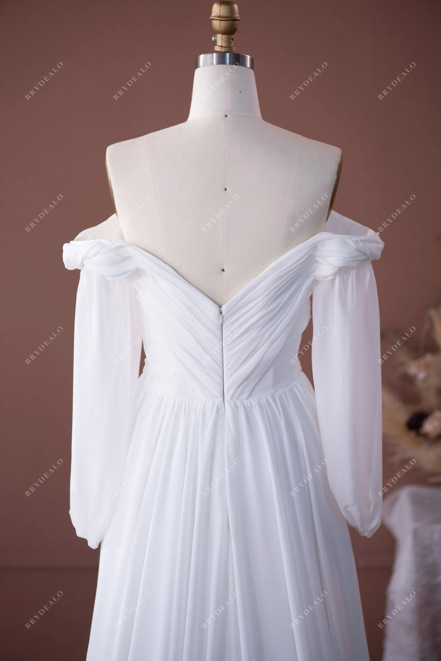 Boho Off Shoulder Sleeved Chiffon Beach A-line Wedding Dress