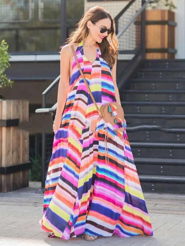 BOHO Vacation Leisure Hanging Neck Print Long Dress