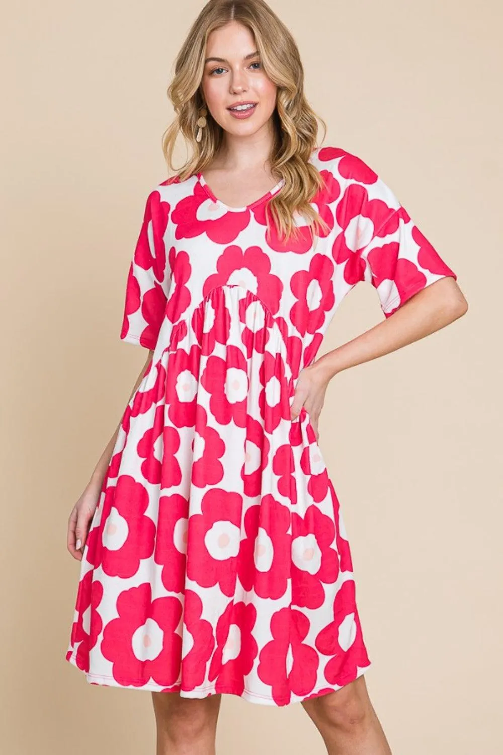 BOMBOM Flower Print Ruched Dress