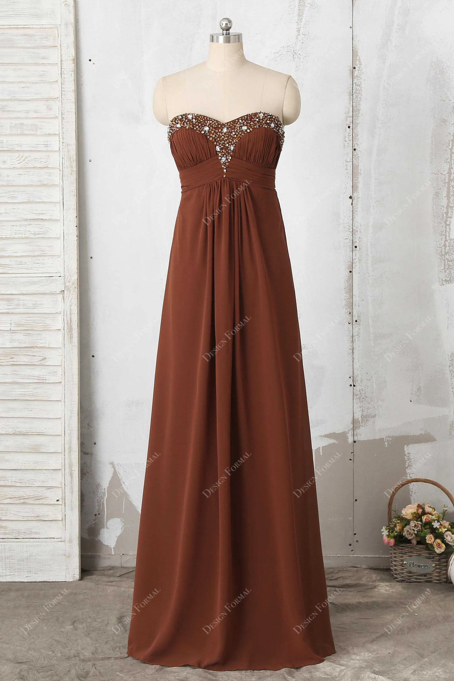 Brown Chiffon Strapless Beads Semi Sweetheart Neck Long Dress