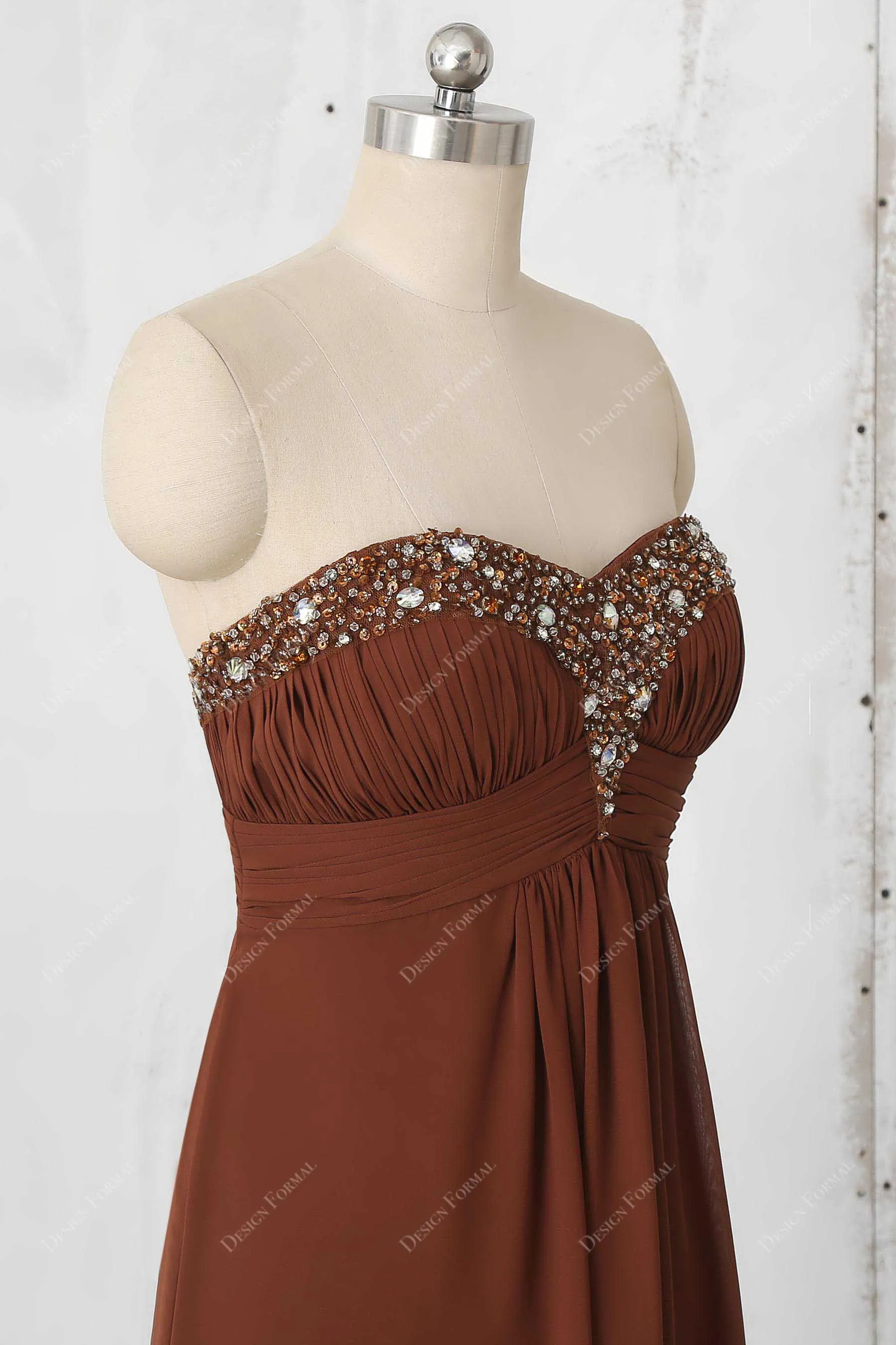 Brown Chiffon Strapless Beads Semi Sweetheart Neck Long Dress