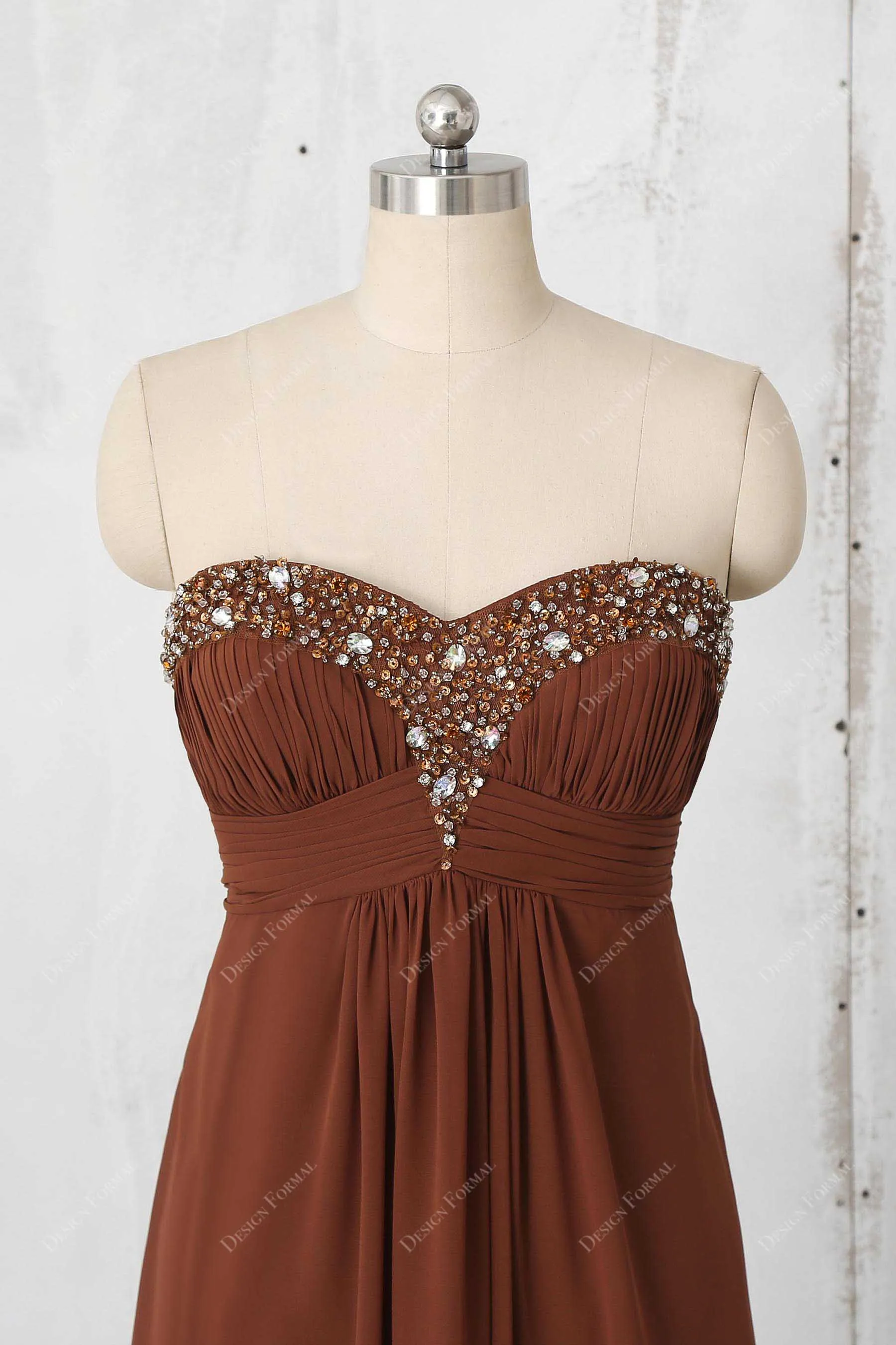 Brown Chiffon Strapless Beads Semi Sweetheart Neck Long Dress