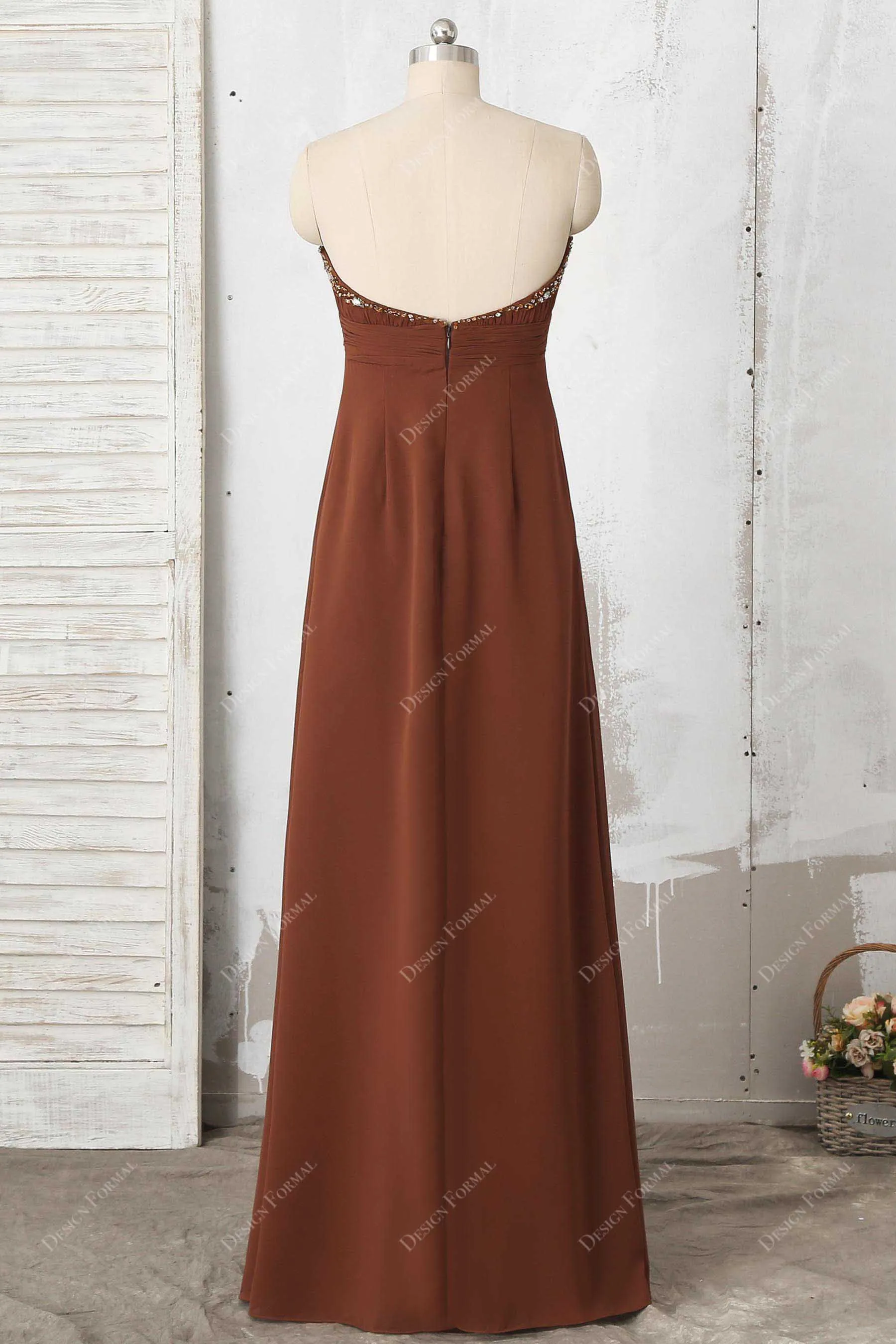 Brown Chiffon Strapless Beads Semi Sweetheart Neck Long Dress