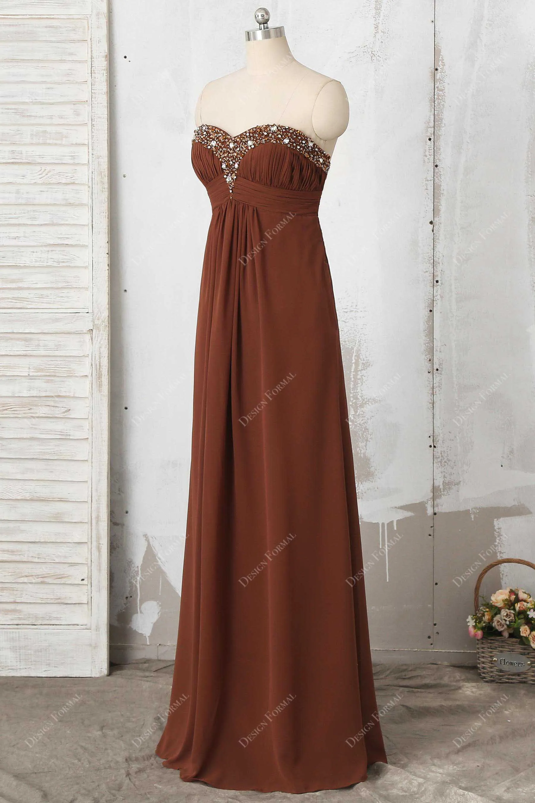 Brown Chiffon Strapless Beads Semi Sweetheart Neck Long Dress